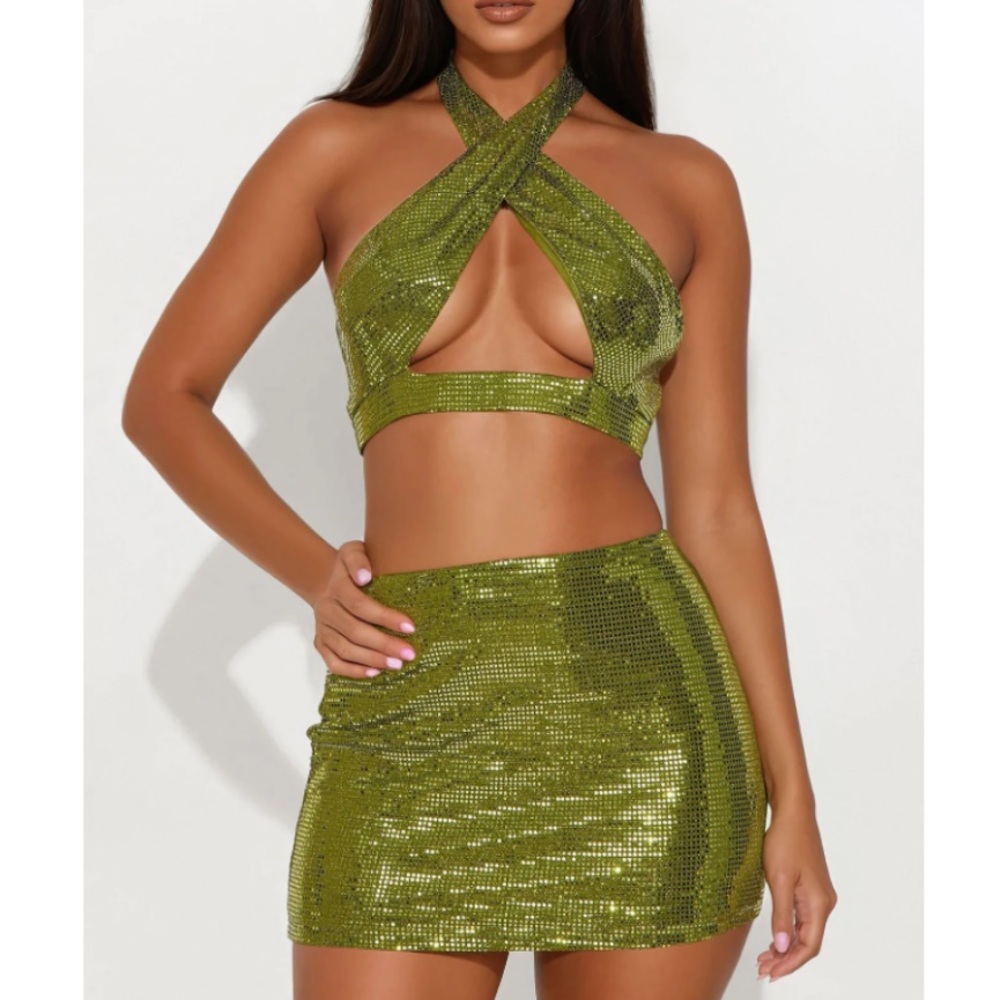 NEW Fashion Nova Green Sequin Mini Skirt Set